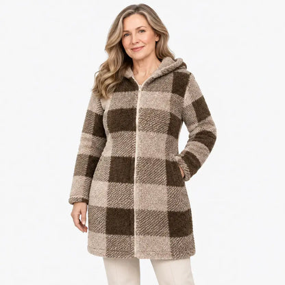 ✨【S-3XL】Cardigan lung damă reversibil, cu fermoar, blană artificială și model în carouri, pentru toamnă și iarnă