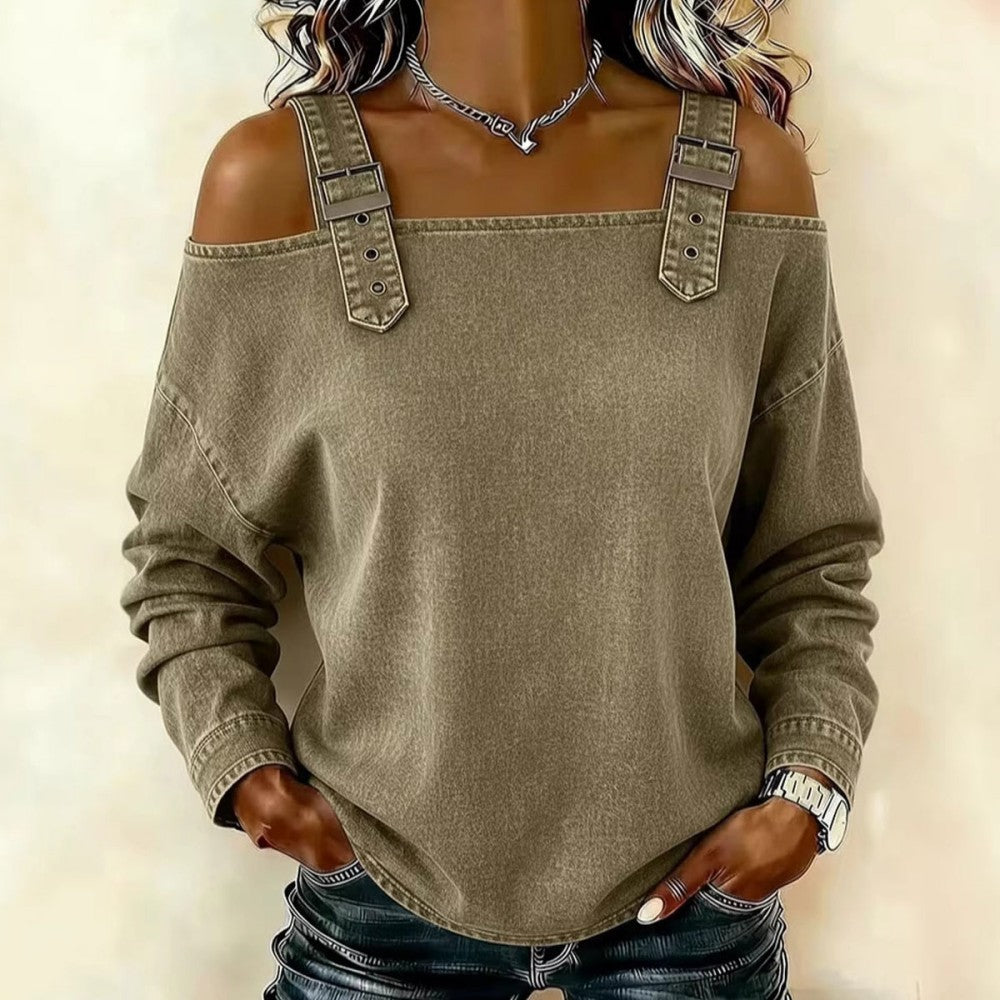 👕【Alta calidad】Blusa femenina estilo denim con cuello V y volantes elegantes para primavera