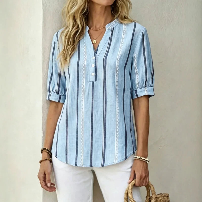 👚 Bluză de vară cu mânecă scurtă, din bumbac și in, cu dungi și material respirabil