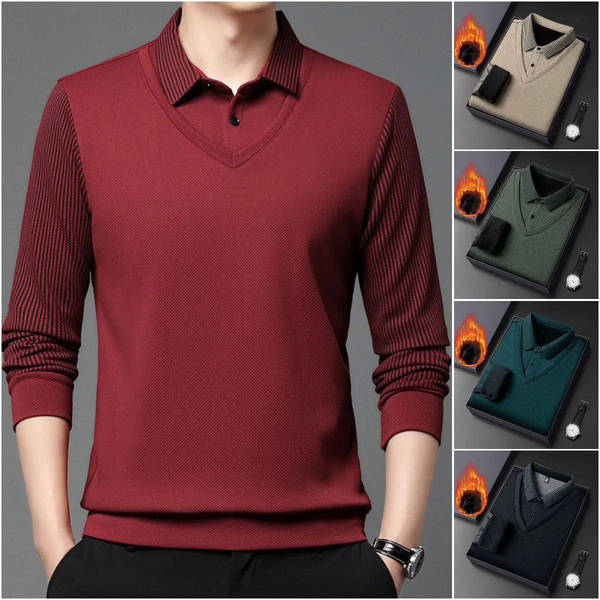 【M-4XL】 👔 Tricou Polo Bărbătesc cu Mânecă Lungă "2 în 1" · Căptușit și Călduros · Design Elegant cu Guler Clasicsi Mâneci cu Dungi · Stil Casual & Business!