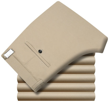 👖👖【50% de descuento】Pantalones informales de negocios ajustados para primavera y verano para hombre, pantalones elásticos rectos de pierna ancha de seda hielo, sin planchar