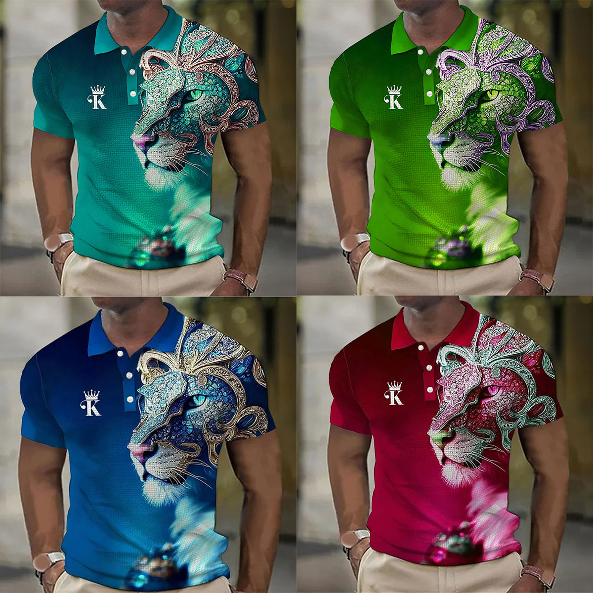 🔥【50% de descuento】【S-6XL】Polo para hombre con estampado de león en 3D