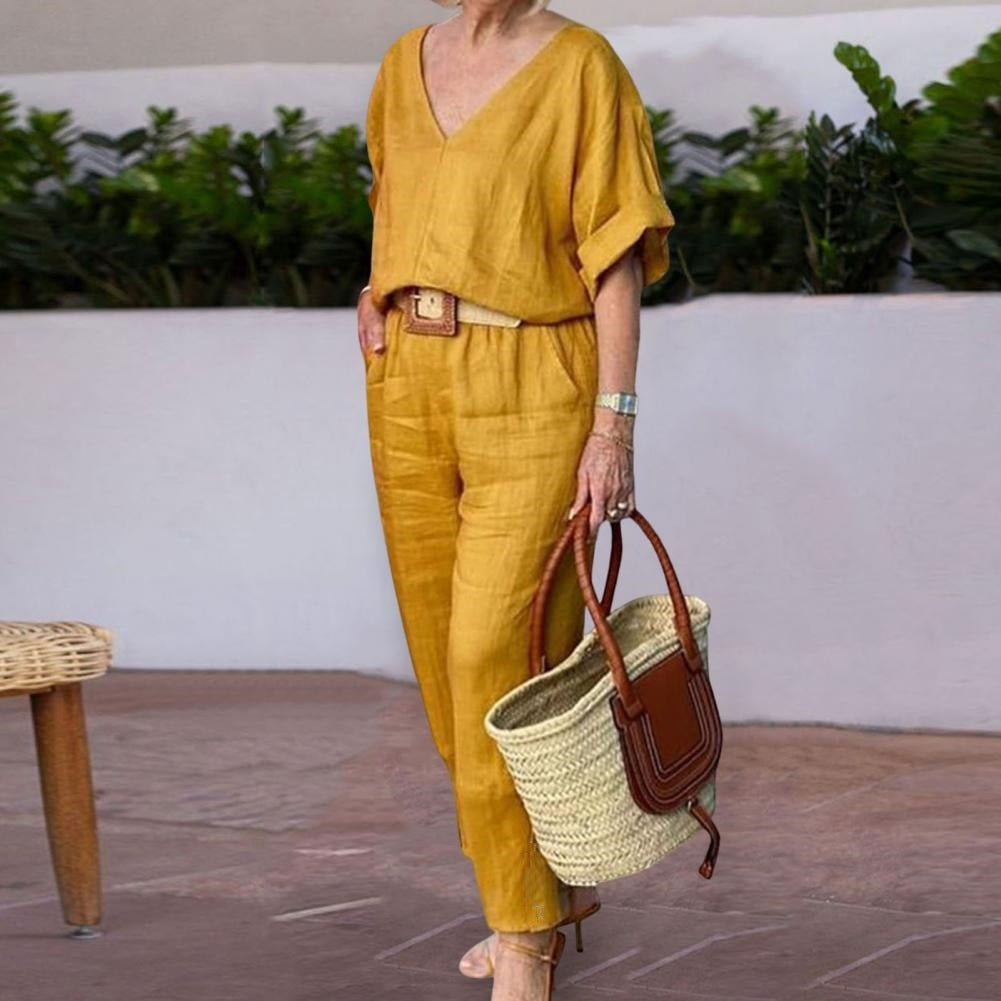 Compleu Damă Elegant din In și Bumbac: Bluză Lejeră în V și Pantaloni Lungi, Material Moale, Respirabil și Răcoros