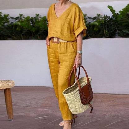 Compleu Damă Elegant din In și Bumbac: Bluză Lejeră în V și Pantaloni Lungi, Material Moale, Respirabil și Răcoros