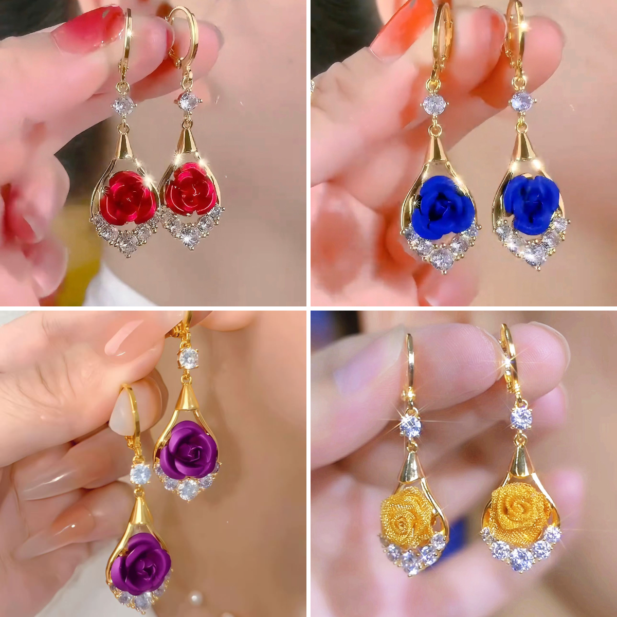 🌹✨【Kup 2, otrzymaj 2 gratis】Razkošni, elegantni uhani z vrtnico, okrašeni z diamanti