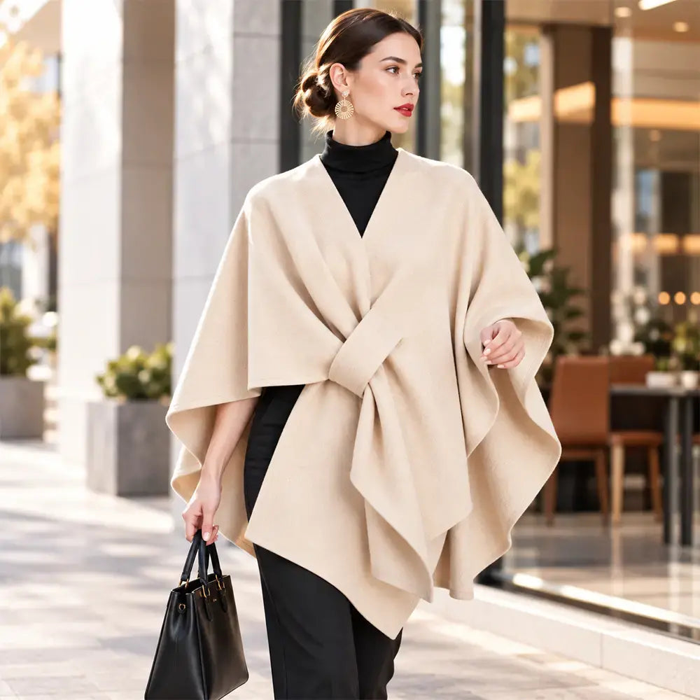 🧥 Șal tip Poncho Multifuncțional din Stofă pentru Toamnă-Iarnă! Design Elegant cu Prindere Suprapusă · Stil Versatil · Călduros și Confortabil!