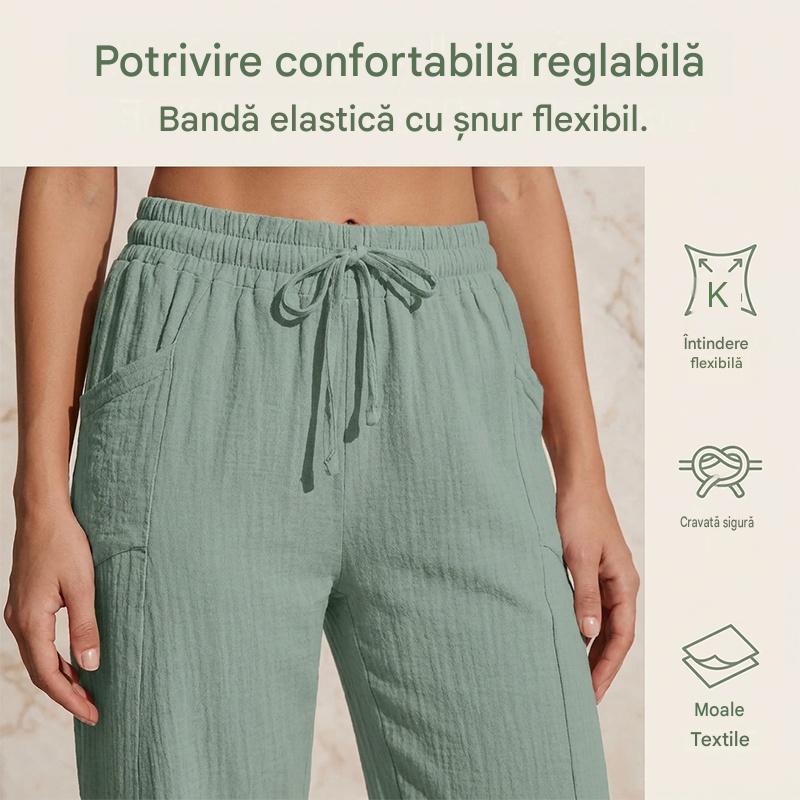 Pantaloni trei sferturi plisați pentru damă – din bumbac și in, culoare solidă