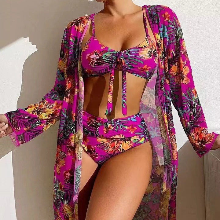 👙【S-2XL】Costum de baie sexy pentru vacanță, 3 piese, cu șal imprimat, model nou 2026