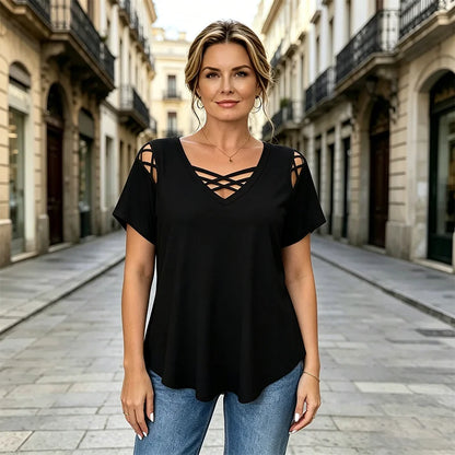 Tricou din bumbac 100% cu decolteu în V, design încrucișat și decupaje｜modern și respirabil
