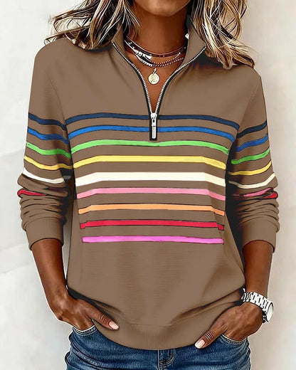 😀👗 Sudadera de moda con rayas arcoíris y cuello con media cremallera.