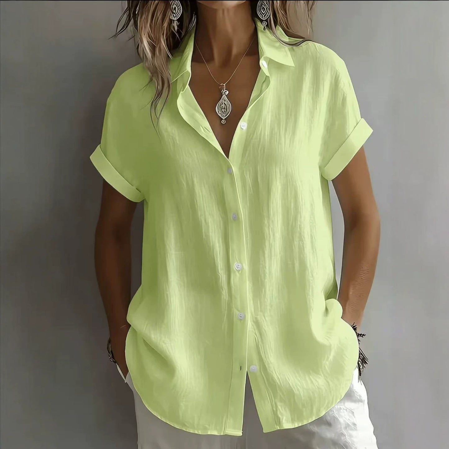 💃 【S–2XL】Cămașă casual cu mânecă scurtă pentru femei, din bumbac și in, culoare simplă.