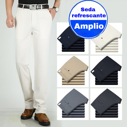👖👖【50% de descuento】Pantalones informales de negocios ajustados para primavera y verano para hombre, pantalones elásticos rectos de pierna ancha de seda hielo, sin planchar