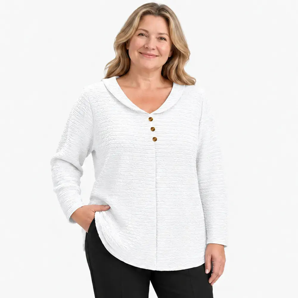 🔥【XL–5XL】🎁💖 Tricou damă cu croială lejeră, textură plisată și guler rotund tip Peter Pan, cu nasturi