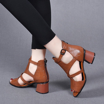 👡✨【35-40】Noua piele moale, moale, fund de pește, gură de pește, gură goală, sandale romane cu toc gros