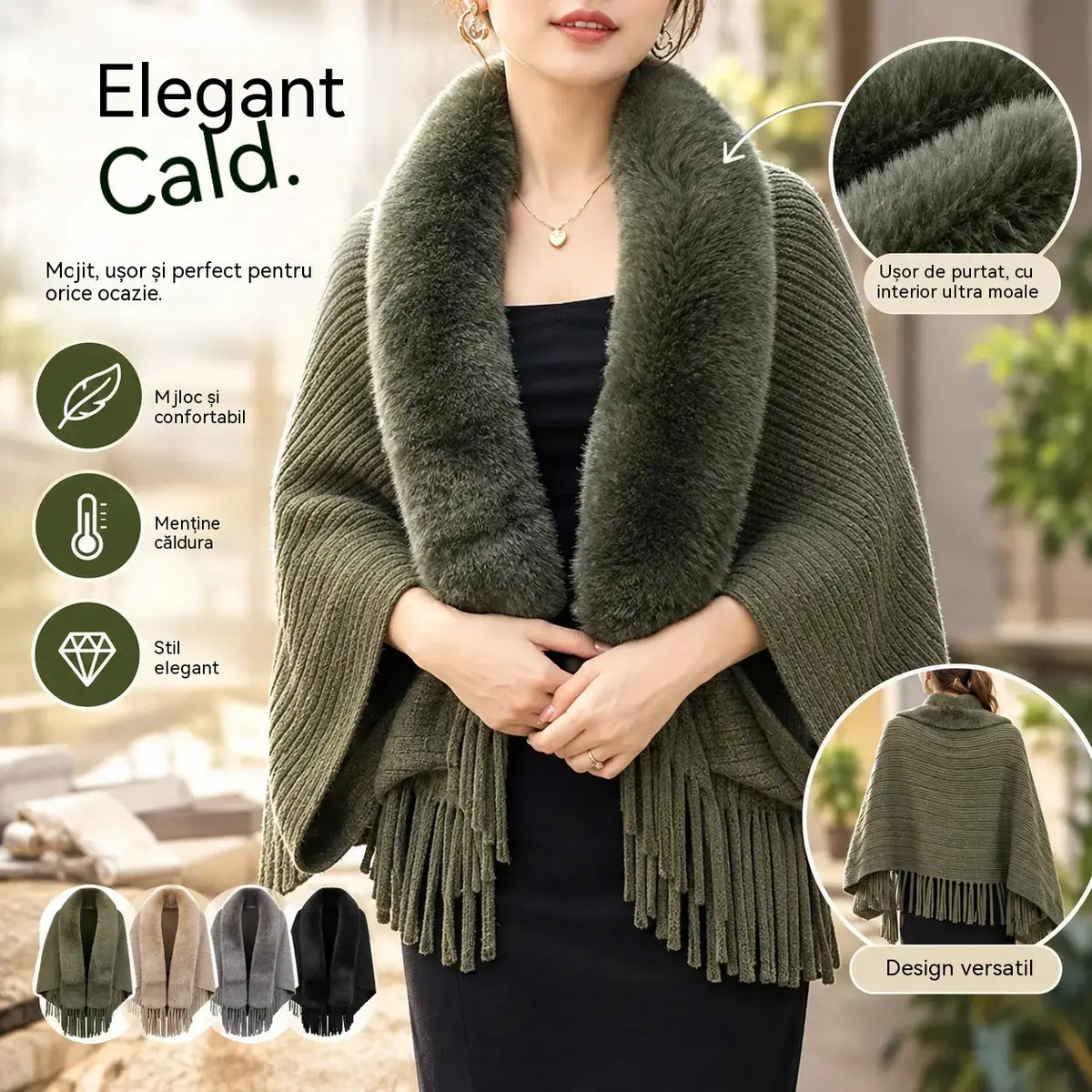 ❄️Un șal elegant și călduros din lână tricotată, cu guler de blană — potrivit pentru toate ocaziile, etalând un stil rafinat.