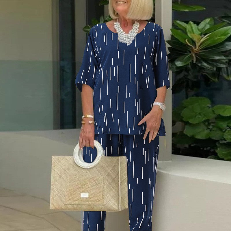 💥🔥【Top + pantaloni】【40-110kg】primăvară și vară, noua modă, cu gât rotund, mânecă cinci sferturi, set liber din două piese