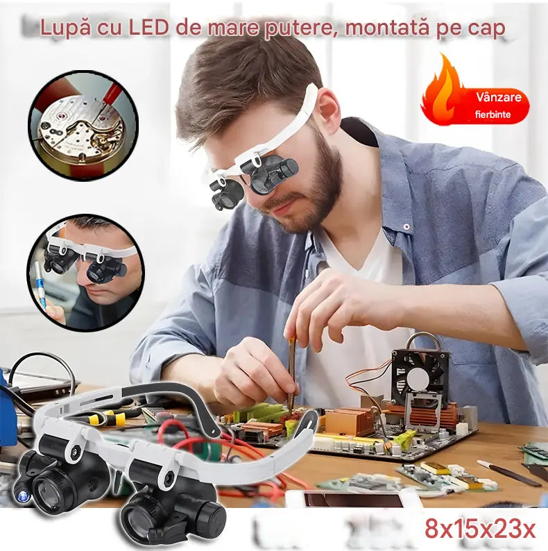 🔍 Lupe cu puteri de mărire de 8x, 15x și 23x și iluminare LED. Potrivite pentru lucrul cu instrumente mecanice, repararea ceasurilor, gravură și evaluarea bijuteriilor antice.