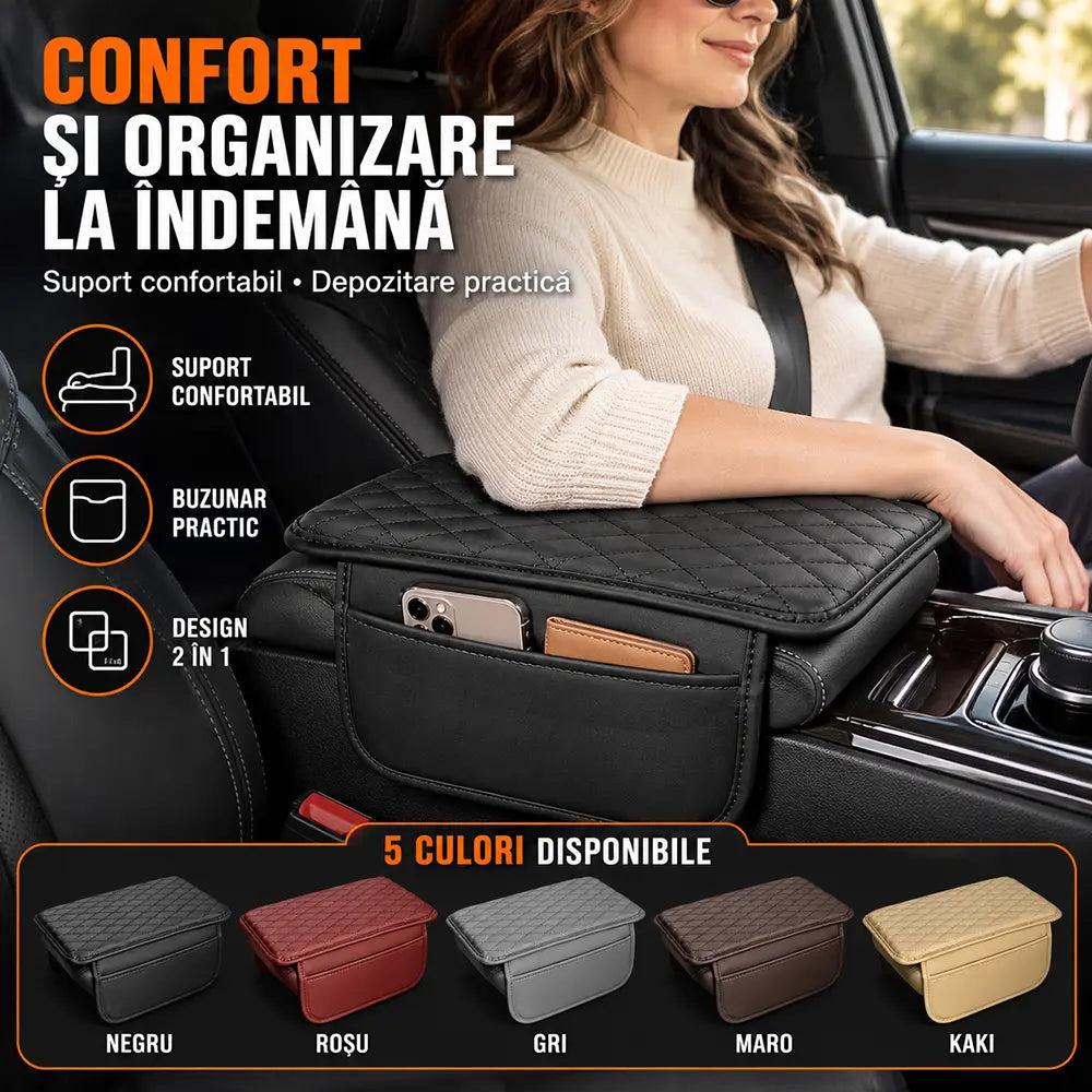 🚗 Suport Ergonomic Universal pentru Cotieră Auto · Cu Buzunare De Stocare · Piele Ecologică · Montare Rapidă!