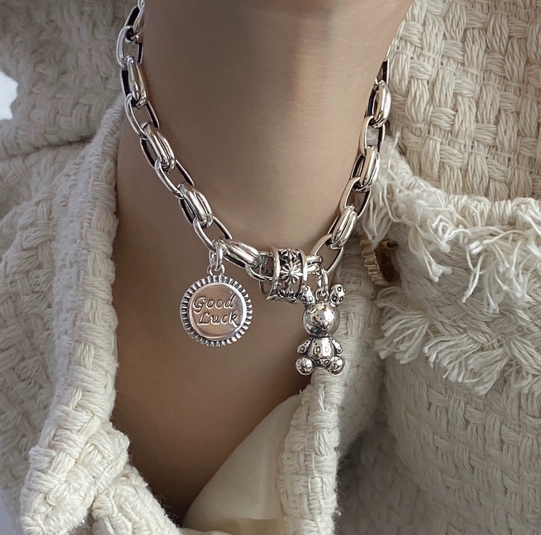 🔥【35% de descuento en 2 artículos】🧸Lucky Muppet Bear Simple Elegante Retro Cadena Gruesa Pulsera de Plata