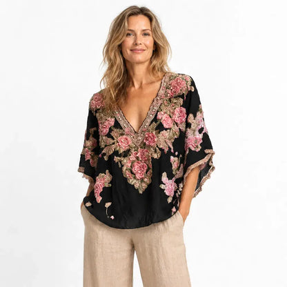 🌸 Stil Boho-Chic rafinat și confortabil! Bluză elegantă cu decolteu în V și imprimeu floral (DanteLă fină / Croială lejeră / 4 culori / Mărimi: S-4XL)! ✨