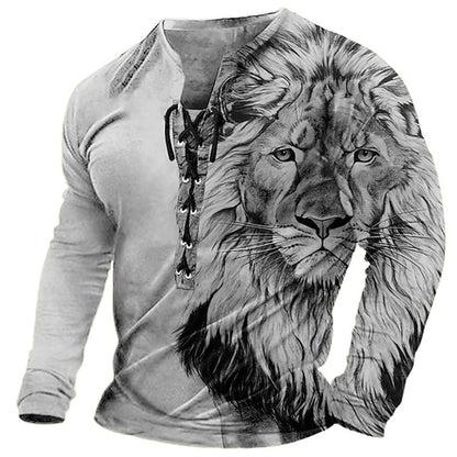 🦁🦁Męski, swobodny T-shirt z długim rękawem i nadrukiem 3D-3995258