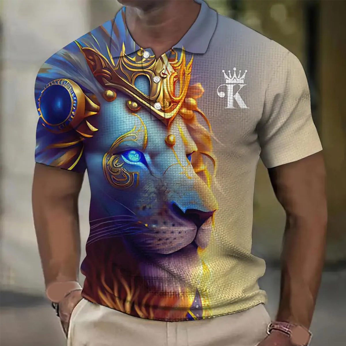 🔥【50% de descuento】【S-6XL】Polo para hombre con estampado de león en 3D