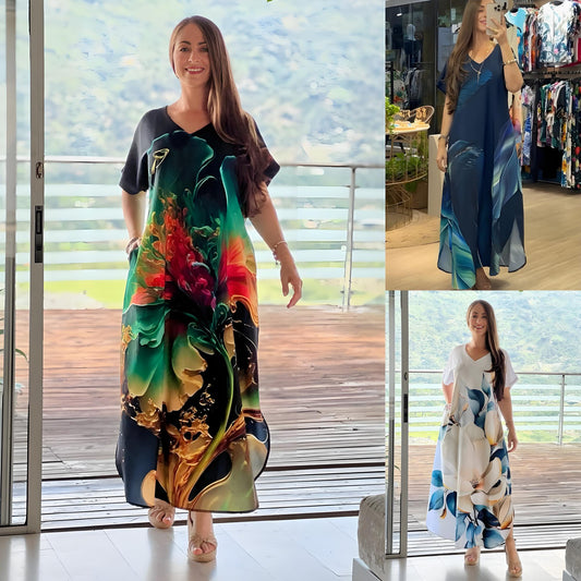 【S-5XL】 Rochie vaporoasă cu imprimeu, din bumbac și mătase naturală – Elegantă, lejeră și avantajoasă pentru siluetă