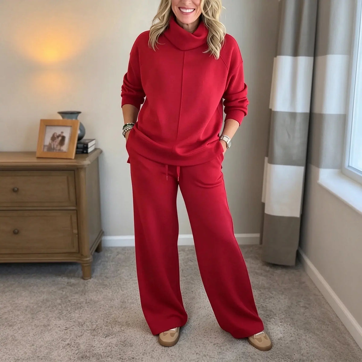 🍂🐏Set casual de iarnă pentru femei, de înaltă calitate: pulover minimalist cu guler înalt + pantaloni casual cu croială dreaptă🔥