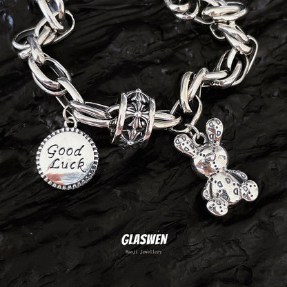 🔥【35% de descuento en 2 artículos】🧸Lucky Muppet Bear Simple Elegante Retro Cadena Gruesa Pulsera de Plata