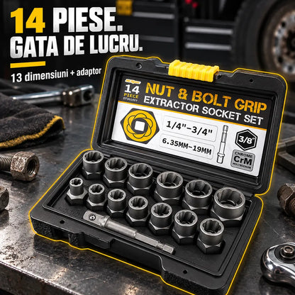 🛠️ Soluția Profesională pentru Șuruburi Blocate! Set Extractor de Piulițe și Șuruburi Deteriorate (14 Piese)! Oțel CrMo Ultra-Rezistent · Profil Anti-Alunecare · Cu Cutie de Transport!