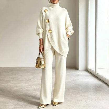 💕 【Top + pantaloni】Set elegant pentru femei: bluză cu guler înalt și pantaloni cu croială largă