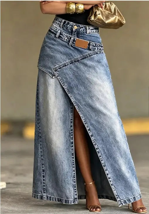 🥇【S-3XL】Fustă lungă din denim la modă, cu design cu șliț și curea în mai multe straturi
