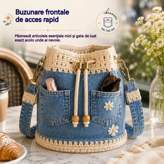 Geantă Tip Galeată Vintage din Denim și Croșet cu Momițe / Margarete Brodate – Buzunare Frontale Practice, Închidere cu Snur și Bareta de Umăr Removabilă