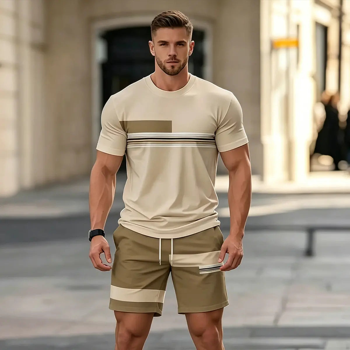 ✨【Plata la livrare】Set sport de vară pentru bărbați, format din 2 piese - tricou confortabil cu mânecă scurtă și pantaloni scurți pentru purtare zilnică și relaxare acasă.
