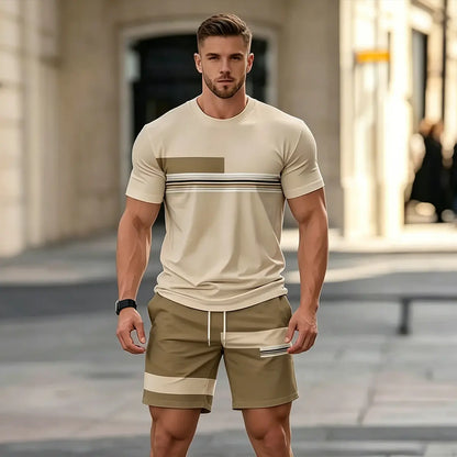 ✨【Plata la livrare】Set sport de vară pentru bărbați, format din 2 piese - tricou confortabil cu mânecă scurtă și pantaloni scurți pentru purtare zilnică și relaxare acasă.