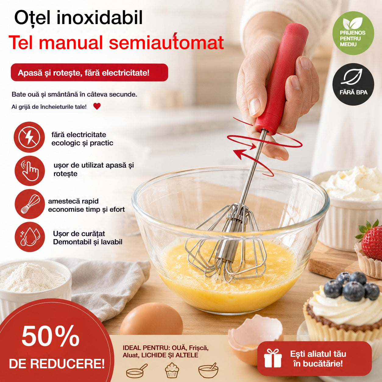 🥳Cumpără 1 🥳Cumpără 1 Primești 1 Gratuit💪 🥚Tel manual semiautomat: se rotește prin simpla apăsare, fără electricitate. Bate ouăle și frișca rapid și ușor!
