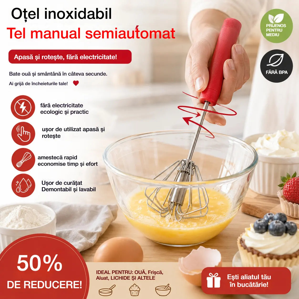 🥳Cumpără 1 🥳Cumpără 1 Primești 1 Gratuit💪 🥚Tel manual semiautomat: se rotește prin simpla apăsare, fără electricitate. Bate ouăle și frișca rapid și ușor!
