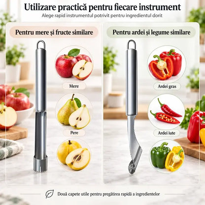 🍎 Set de 2 ustensile din oțel inoxidabil pentru îndepărtarea sâmburilor de fructe și a semințelor de ardei – rapid, precis și curat!