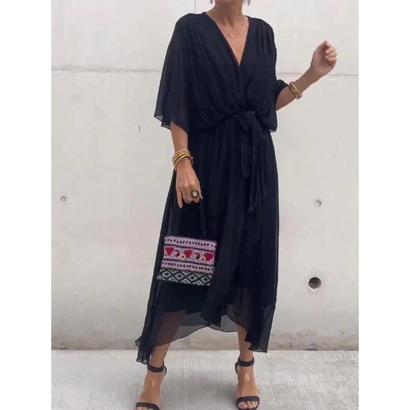💟【S-5XL】 👗 Дълга шифонена рокля с ръкави тип „прилеп“, предлага се в различни цветове