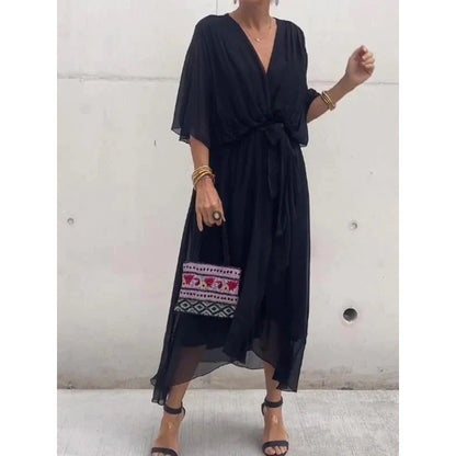 💟【S-5XL】 👗 Дълга шифонена рокля с ръкави тип „прилеп“, предлага се в различни цветове