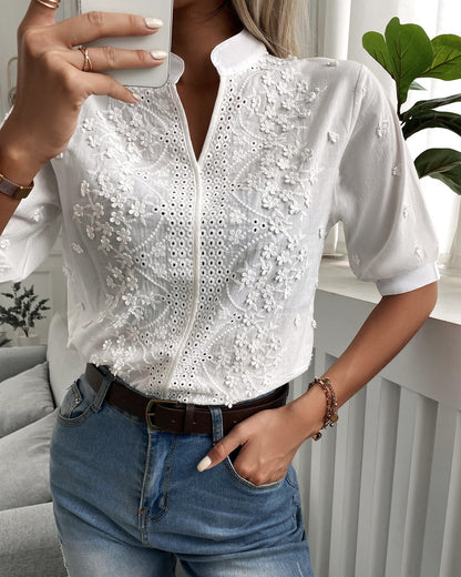 💐👏【Bestseller】【S-2XL】Elegancka bluzka damska w kwiatowy wzór z okrągłym otwarciem i haftem z pół rękawem-3922485
