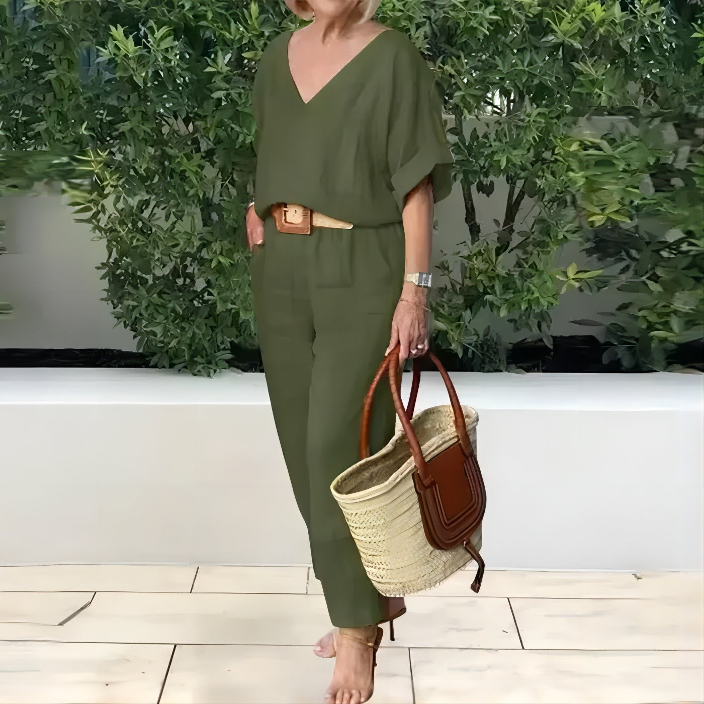 Compleu Damă Elegant din In și Bumbac: Bluză Lejeră în V și Pantaloni Lungi, Material Moale, Respirabil și Răcoros