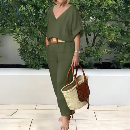 Compleu Damă Elegant din In și Bumbac: Bluză Lejeră în V și Pantaloni Lungi, Material Moale, Respirabil și Răcoros