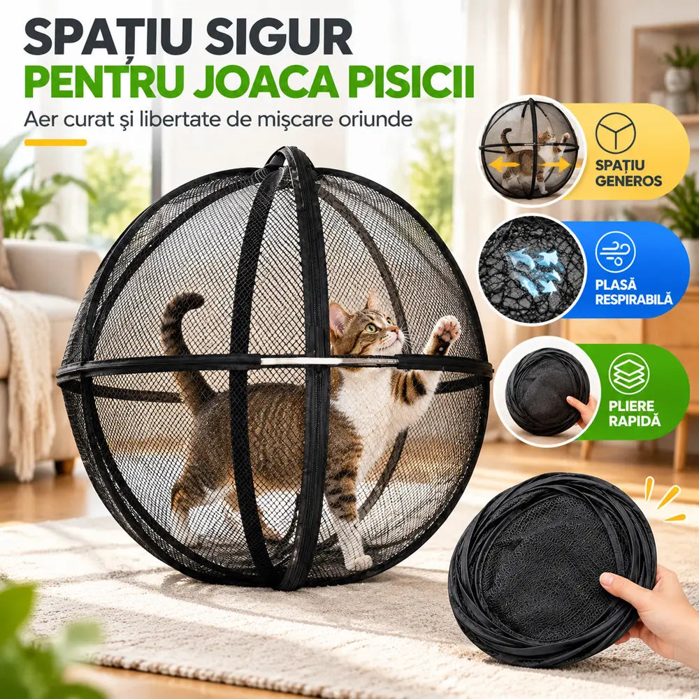 🐱 Cort Sferic Pliabil cu Plasă Respirabilă pentru Pisici · Protecție 360° · Spațiu Sigur de Joacă Interior și Exterior!