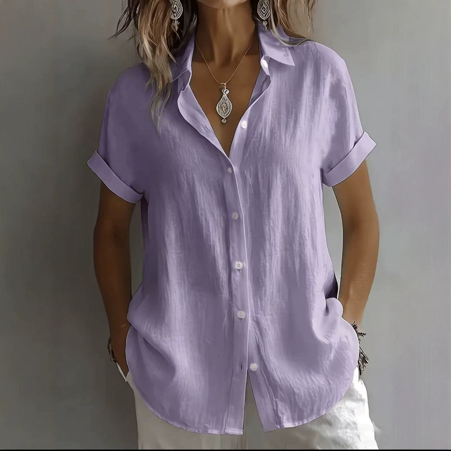 💃 【S–2XL】Cămașă casual cu mânecă scurtă pentru femei, din bumbac și in, culoare simplă.