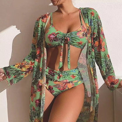 👙【S-2XL】Costum de baie sexy pentru vacanță, 3 piese, cu șal imprimat, model nou 2026