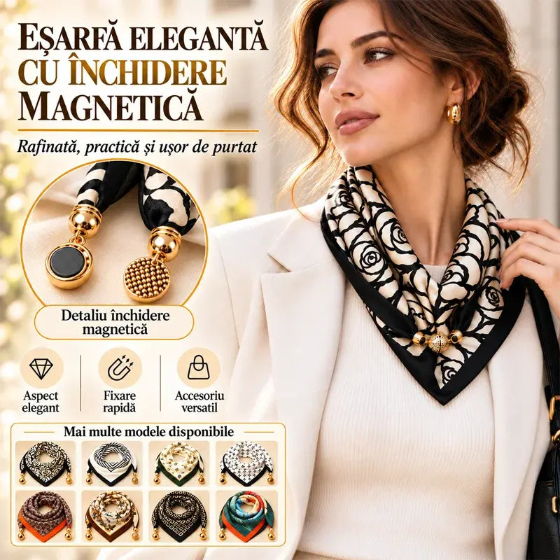 🧣 Set 4 Eșarfe Triunghiulare cu Închidere Magnetică · Purtare Rapidă Fără Noduri · Material Moale Călduros · Versatilitate Maximă!