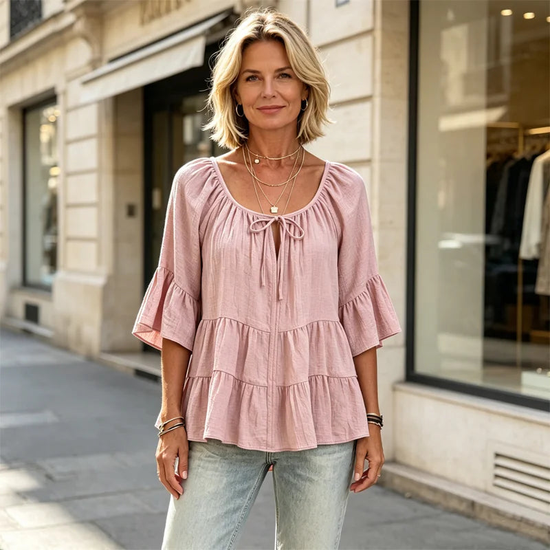Bluză de Damă Elegantă cu Volane și Șnur la Decolteu, Mâneci Trei Sferturi Tip Clopot, Cămașă Texturată în Stil Boho-Chic, Model Peplum Lejer