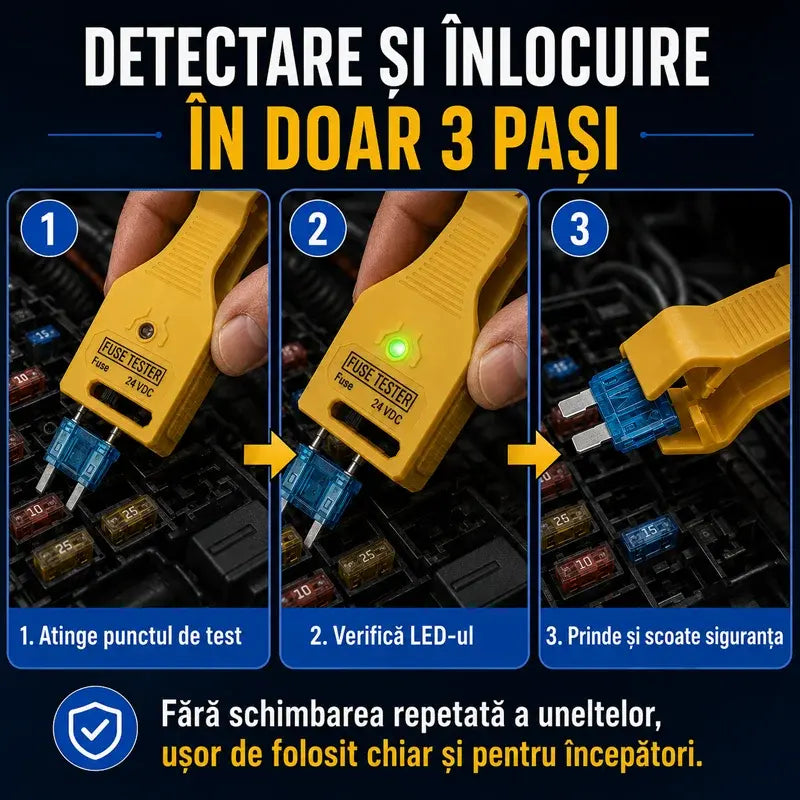 ⚡ Tester și clește pentru siguranțe auto 2 în 1 (Compatibil 12V/24V / Indicator LED verde / Spațiere reglabilă / Clește de extragere / Utilizare auto, camion, barcă)! 🚗✨
