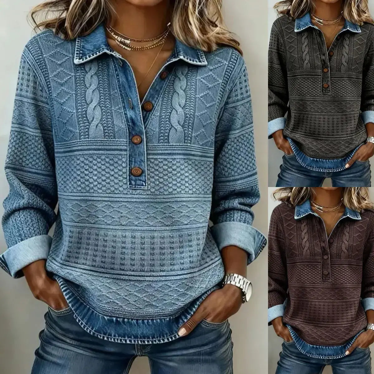 😍【S-5XL】Top elegant din denim în stil retro, cu guler ridicat, confortabil de purtat.